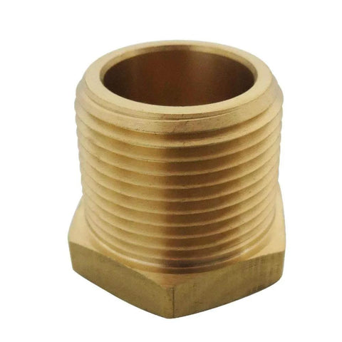 Close-up of One Half NPT Male To One Quarter NPT Female Brass Bushing Reducer Pipe Fitting 5 Pack for connecting threads