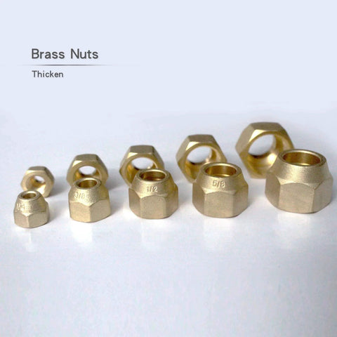 Brass flared nuts for 16 Ft Mini Split Line Set With 1/4 In And 3/8 In OD Copper Tubing, showing varying sizes for HVAC systems.