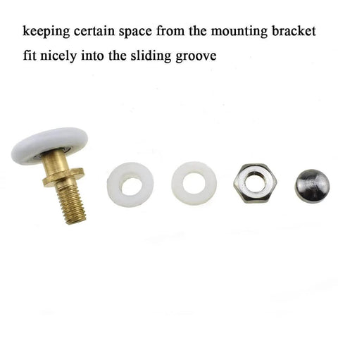 27mm diameter brass shower door wheels with nylon rollers and stainless steel screws, components laid out