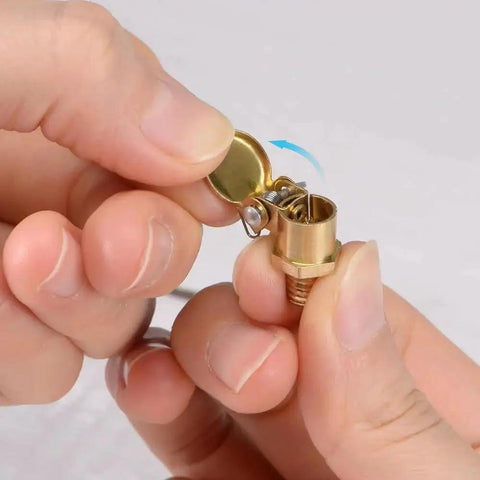 Spring Brass L Shape Oil Cup Cap Set for Lathe Machines, M12x1.25 Thread, shown opened in hand, BE TOOL Oiler Accessories