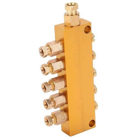 Adjustable Brass Oil Distributor Five By Six Way Manifold for Centralized Lubrication Systems front view