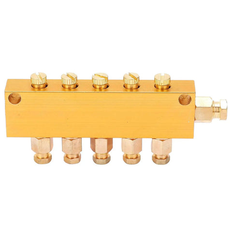 Adjustable Brass Oil Distributor Five By Six Way Manifold For Centralized Lubrication Systems with 1-inch outlet, front view