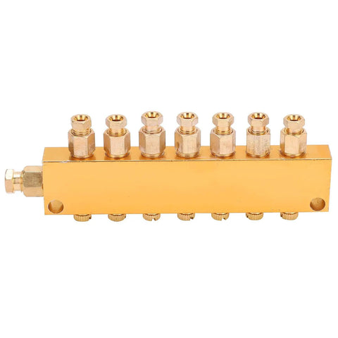 Industrial Brass Heavy Duty Oil Distributor With Adjustable Lubrication System And Divider Valve For Precise Flow Control In CNC Machines Production Lines Forging Equipment And Metalworking Tools 1 In 7 Out, front view