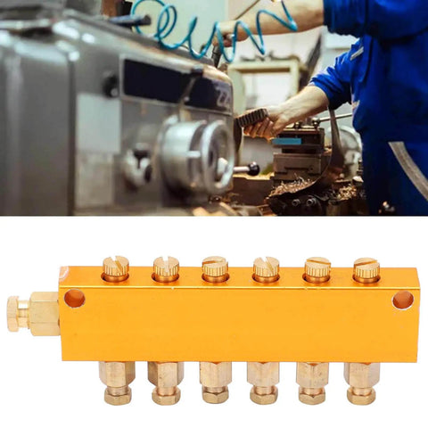 Adjustable Brass Oil Distributor with Piston Separator Valve for CNC Machining Centers, Six Outlet Lubrication System Shown in Use