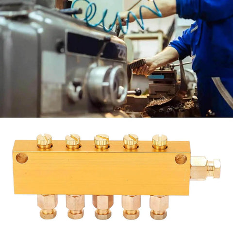 Adjustable Brass Oil Distributor With Regulating Valve For CNC Machining Centers And Production Lines, shown in industrial setup