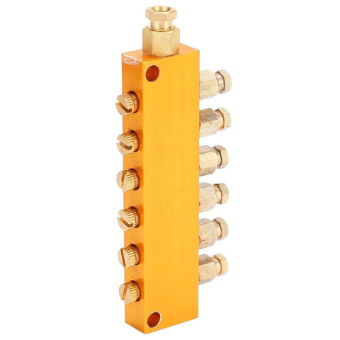 Front view of Adjustable Brass Oil Distributor Valve for Lubrication Systems with Piston Separator Valve, showcasing durable brass construction.