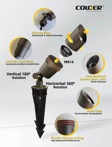 Warm White Die Cast Brass Outdoor Spotlight For Landscape Lighting 12V Low Voltage MR16 LED Bulb COLOER 101B features