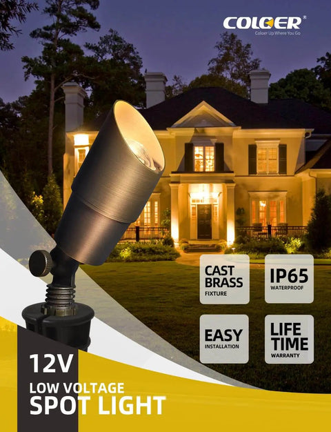 Warm White Die Cast Brass Outdoor Spotlight For Landscape Lighting 12V Low Voltage MR16 LED Bulb installed in yard