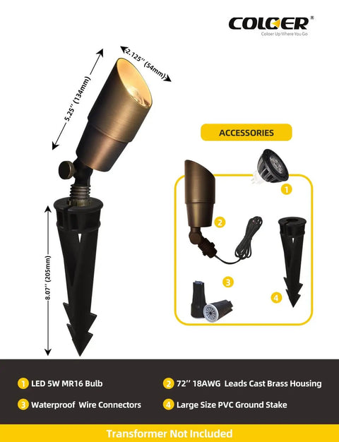 Warm White Die Cast Brass Outdoor Spotlight For Landscape Lighting 12V Low Voltage MR16 LED Bulb 2700K 450LM CRI 85 Plus 5W Directional Garden Patio Up Light COLOER 101B with accessories and dimensions