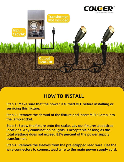 Installation diagram of Warm White Die Cast Brass Outdoor Spotlight For Landscape Lighting 12V Low Voltage MR16 LED Bulb 2700K 450LM CRI 85 Plus 5W Directional Garden Patio Up Light COLOER 101B with steps