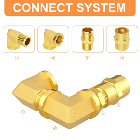 GASHER brass pipe fittings set, 8pcs, 1/4 in NPT, hex nipples and hex couplings, 90° street elbow for air hoses