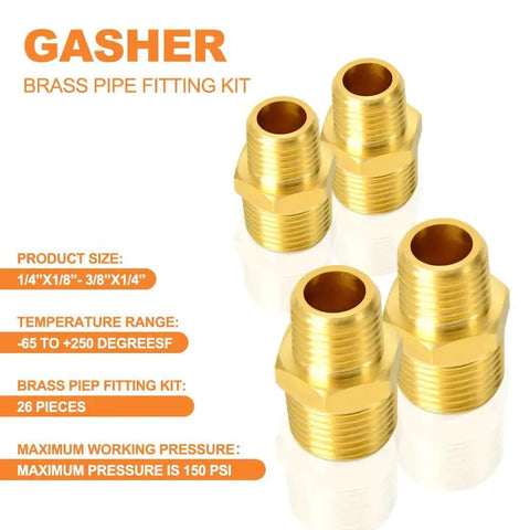 Four brass fittings from Brass Pipe Fitting Kit 26 Piece With Hex Bushing Reducer Adapter Hex Nipple And 90 Degree Street Elbow Barstock.