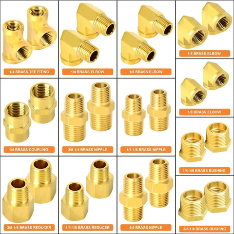 Brass Pipe Fitting Kit 26 Piece With Hex Bushing Reducer Adapter Hex Nipple And 90 Degree Street Elbow Barstock on display