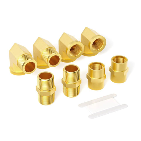 Brass 1/4 in NPT pipe fittings set, 8 pcs: hex nipples, hex couplings, 90-degree street elbows for air hoses
