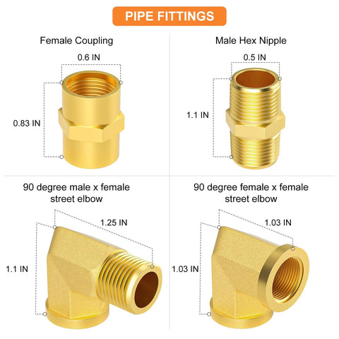 Brass pipe fittings set, 8 pcs, 1/4 in NPT, includes female coupling, male hex nipple, 90-degree street elbows