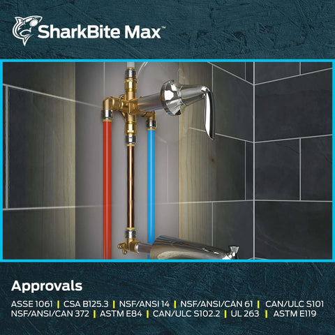 Max Push To Connect One Half Inch FNPT Brass Plumbing Adapter installed in bathroom wall with PEX pipes