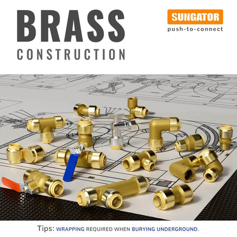 One Half Inch Push Cap For PEX Copper And CPVC Plumbing Fittings End Stop No Lead Brass Cap Off PEX Pipe Pack Of 12 With Disconnect Clip Quick Easy Install For Water Supply Lines displayed on blueprint with other brass fittings.