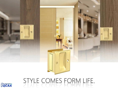 Front view of solid brass sliding door pull for passage doors pocket door hardware in polished brass finish, 4 pack