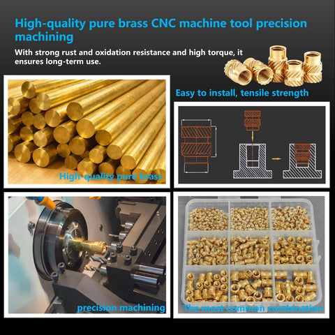 High-quality pure brass rods and CNC precision machining for 600+7Pcs M2 M2.5 M3 M4 M5 M6 Premium Brass Threaded Inserts Kit
