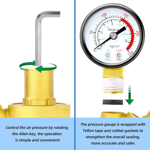 Water Pressure Regulating Valve With Brass Body Three Quarter Inch Inlet DN20, Pressure Reducing Valve 0 To 250 PSI Gauge and Allen Key