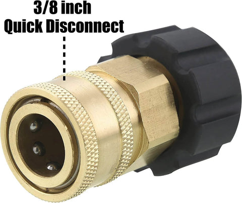 Pressure Washer Adapter Three Eighth Inch Quick Connect Kit M22 14mm To M22 Fitting For 5000 PSI High Pressure Cleaners with brass construction showing side view.