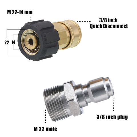 Pressure Washer Adapter Three Eighth Inch Quick Connect Kit M22 14mm To M22 Fitting For 5000 PSI High Pressure Cleaners