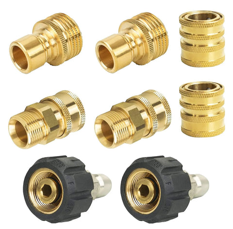 Xiny Tool 8-pack brass pressure washer adapters with M22 threads and quick-connect fittings; two black female couplers.