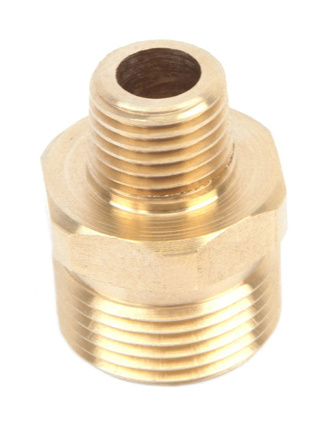 Brass pressure washer nipple adapter, M22M to 1/4 in. male NPT, hex body.