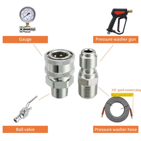 Brass Pressure Washer Adapter Set With Three Eighths Inch Quick Connect To Male NPT Fittings Includes Two Couplers Heavy Duty