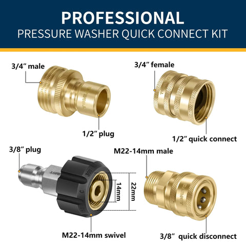 Beefy Pressure Washer Quick Connect Kit With M22 Swivel To Three Eighth Inch Quick Connect And Three Quarter To Quick Release Brass Fittings
