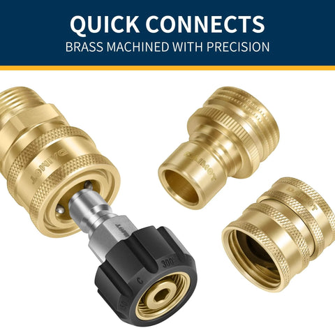 Close-up of Beefy Pressure Washer Quick Connect Kit With M22 Swivel To Three Eighth Inch Quick Connect And Three Quarter To Quick Release Brass Fittings