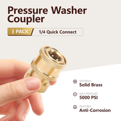 Brass pressure washer quick-connect coupler, 1/4 inch, female NPT adapter, 3-pack