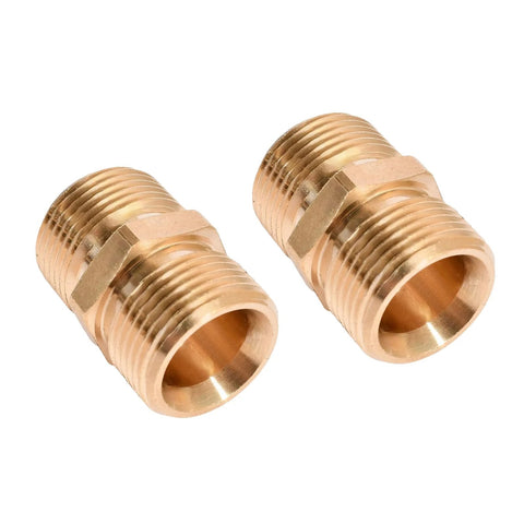 Two solid brass M22 pressure washer hose couplers, male-to-male, 14mm threads
