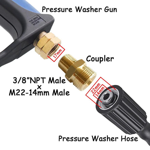 Brass pressure washer coupling adapter set (2 pcs) with M22-14mm and 3/8 NPT male threads on gun and hose