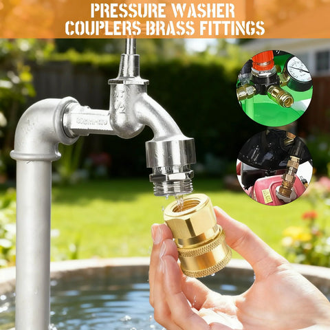 Brass pressure washer couplers with 1/4 inch quick-connect to female NPT socket, 5,000 PSI, 2-pack