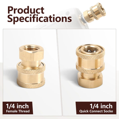 Brass pressure washer fittings set shown in two views: 1/4 inch female thread adapter and 1/4 inch quick-connect socket