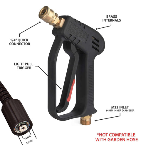 Pressure Washer Gun Replacement With M22 Inlet Extension Wand And One Quarter Inch Quick Connector Coupler Brass And Steel Construction For Durable Leakproof Power Washing with labeled features.