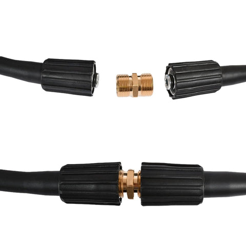 Two black pressure washer hoses with solid brass M22-14mm to M22-14mm male-to-male coupler.