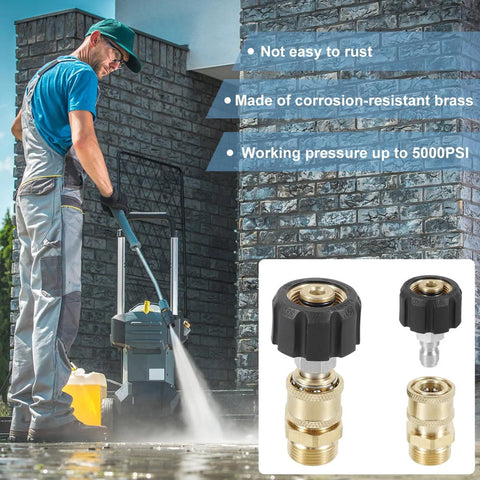 Two brass pressure washer hose connector adapters with black knurled caps, M22 to 1/4 inch quick-connects for wand