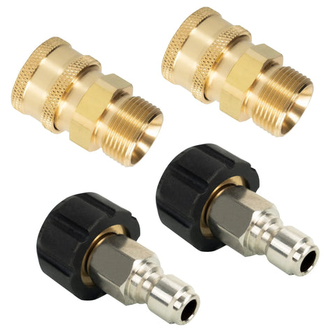 LIULO TOOL 4-pack pressure washer quick-connect kit: brass M22 to 3/8" adapters and two silver push-on connectors with black collars.