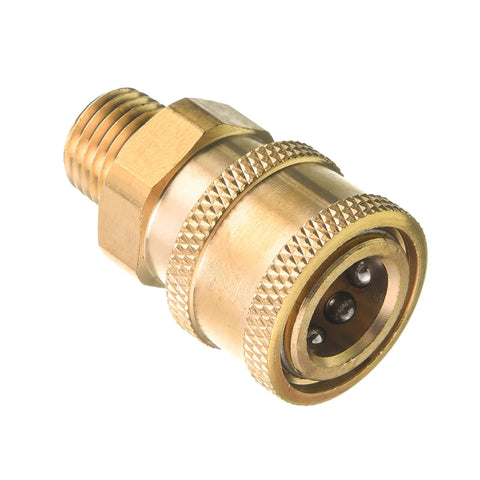 Brass pressure washer quick-connect coupling, 1/4 in QC to male NPT, 5000 PSI, close-up view
