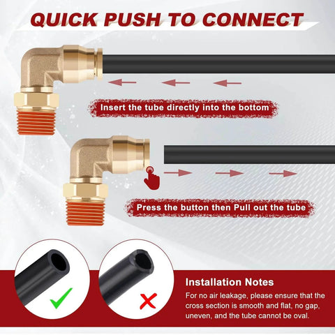 Diagram showing installation of Brass Quick Push To Connect Fittings One Quarter Inch Tube OD To One Eighth Inch NPT Thread 90 Degree Swivel Elbow Union.