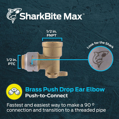 Push To Connect Drop Ear Elbow One Half Inch By One Half Inch FNPT Brass Plumbing Fitting For PEX Copper CPVC PERT