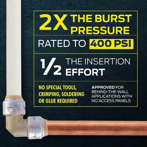 1/2 Inch MNPT Push To Connect Brass Plumbing Adapter For CTS To FNPT Threaded Connections And Quick Connections To PEX Copper CPVC PE-RT SDR-9 HDPE Pipe SharkBite Max Male Fitting For Easy Solderless Installations displayed in a pressure test setting.