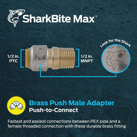 Side view of 1/2 Inch MNPT Push To Connect Brass Plumbing Adapter For CTS To FNPT Threaded Connections And Quick Connections To PEX Copper CPVC PE-RT SDR-9 HDPE Pipe SharkBite Max Male Fitting For Easy Solderless Installations.