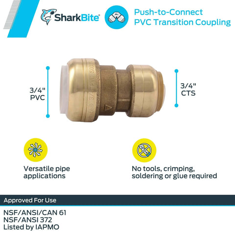 Three Quarter Inch CTS To Three Quarter Inch PVC Transition Coupling Push To Connect Brass Plumbing Fitting