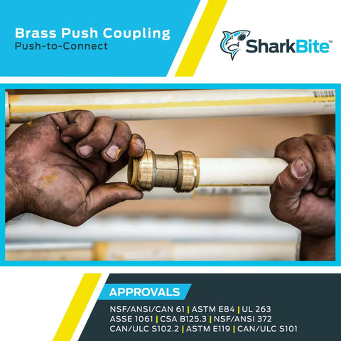 One Quarter Inch Push To Connect Brass Plumbing Coupling For PEX Copper CPVC PE RT HDPE Piping being installed