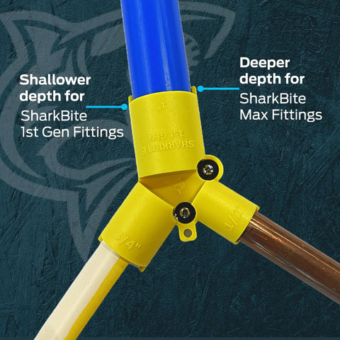 Brass Push Depth Gauge And Deburring Tool for copper and plastic pipe, shows proper insertion depth for SharkBite fittings.