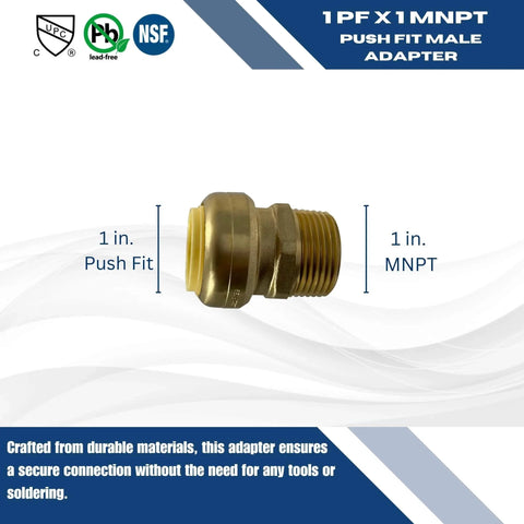 Xfitting Push Fit 1 Inch To 1 Inch Male NPT Adapter Brass Body displayed with size labels