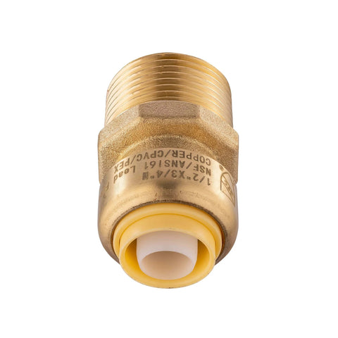 Front view of Two Pack Push Fit Half Inch To Three Quarter Inch Male Adapter With Disconnect Tool For Pex Copper CPVC And PERT Pipe Fits Potable Water And Hydronic Heating Up To Two Hundred PSI And Two Hundred Degrees Fahrenheit Includes No Sweat Disconnect Tool